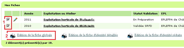 Exemple d'édition PDF de deux fiches globales.