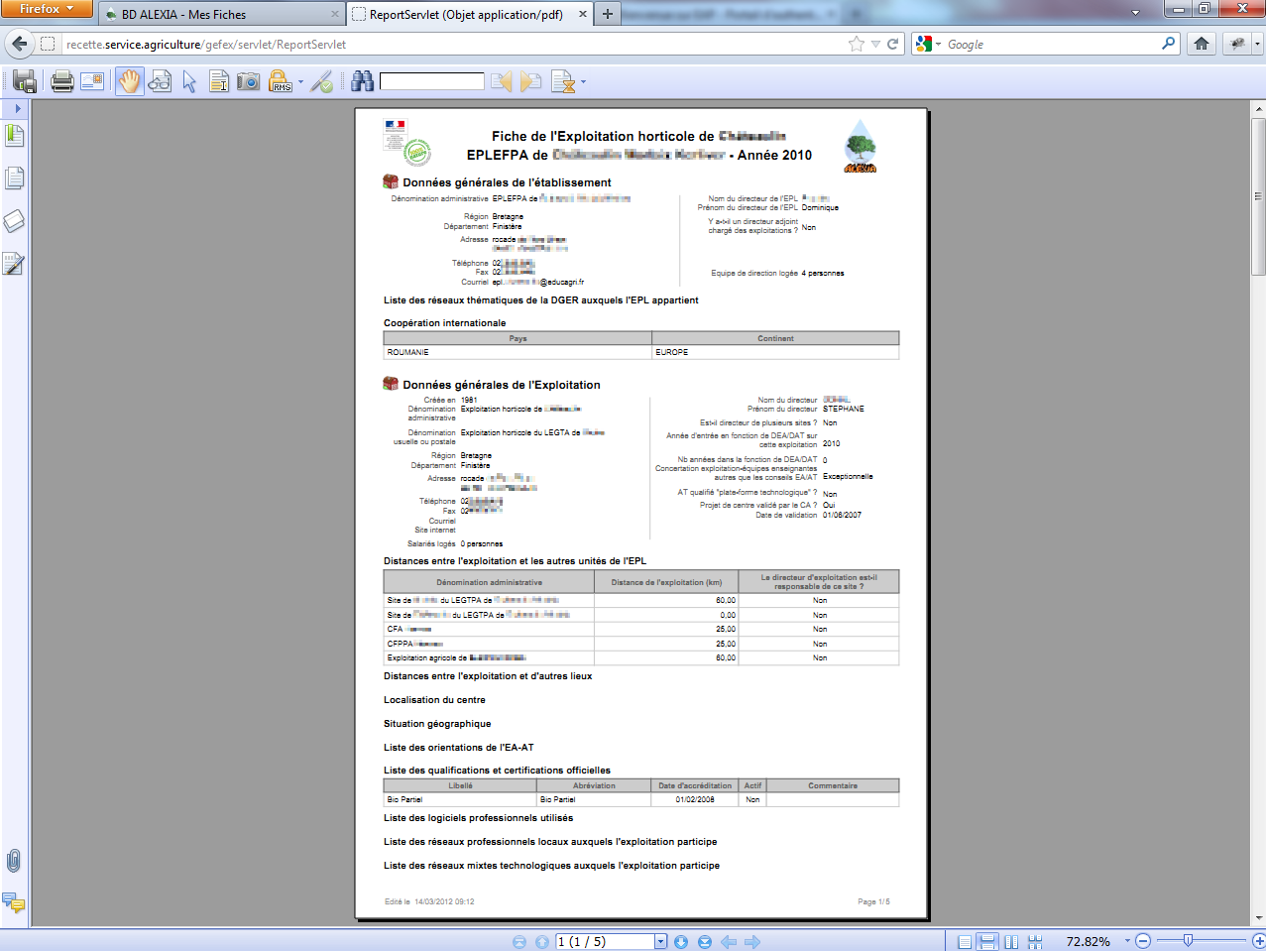 Exemple d'édition PDF de la fiche de l'Exploitation horticole de Châteaulin.