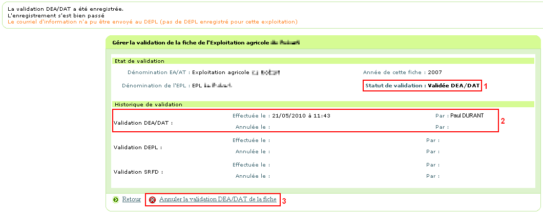 Exemple d'écran après validation complète par un DEA/DAT d'une fiche