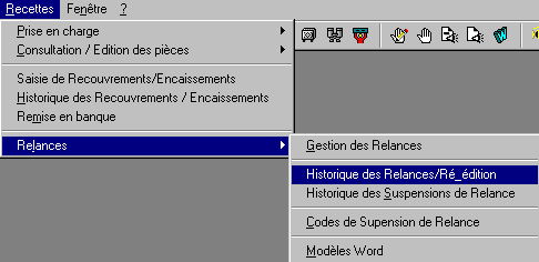 menu recettes_relances_historique des relances_réédition