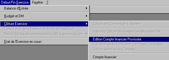 menu début fin exercice_clôture_edition cpte financier provisoire
