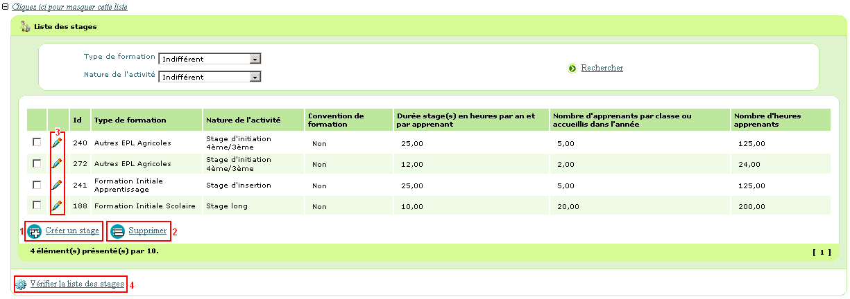 Ecran de gestion des stages