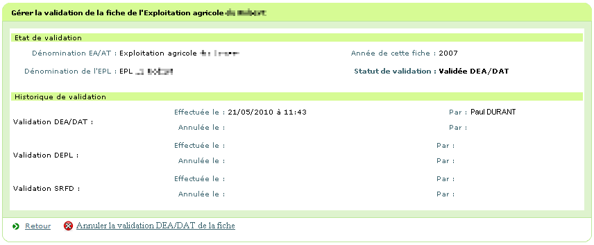 Ecran de synthèse lorsque la fiche a été validée par le DEA/DAT et pas encore validée par le DEPL