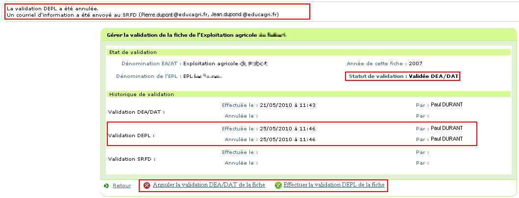 Ecran de synthèse lorsque la validation DEPL de la fiche a été annulée