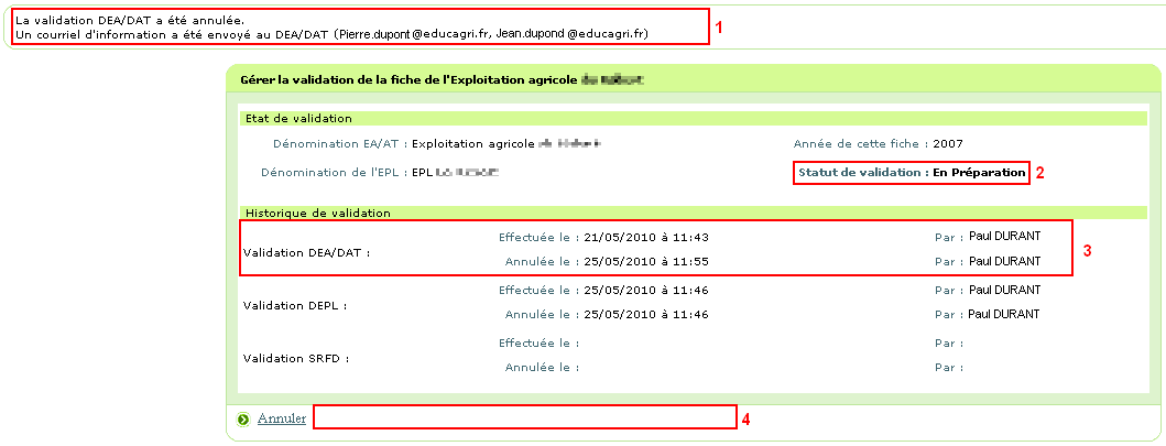 Ecran de synthèse lorsque la validation DEA/DAT de la fiche a été annulée par le DEPL