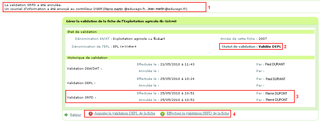 Ecran de synthèse lorsque la validation SRFD de la fiche a été annulée