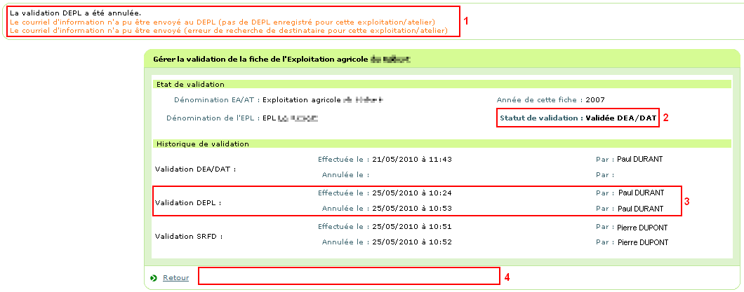 Ecran de synthèse lorsque la validation DEPL de la fiche a été annulée par le SRFD