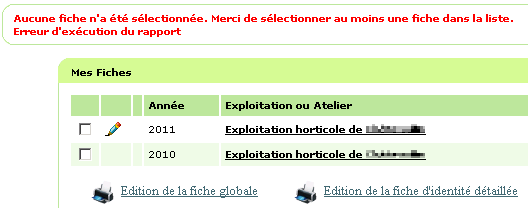 Exemple de message d'erreur, associé à la mauvaise gestion de l'édition d'une fiche globale.