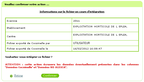 Etape de confirmation de l'import des données Cocwinelle dans BD ALEXIA