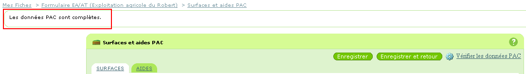 Encadré en haut de page après utilisation du bouton de vérification des données PAC