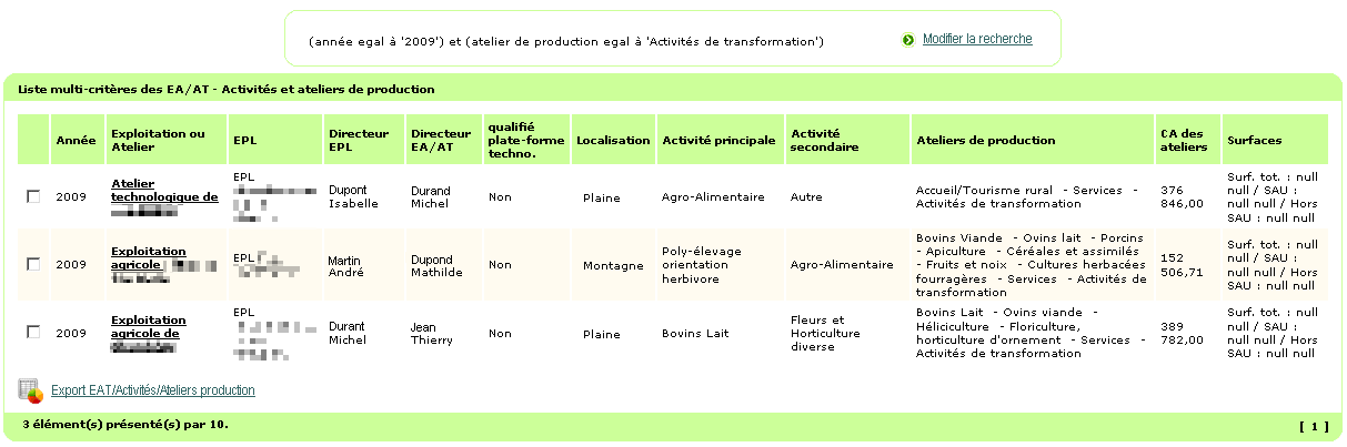 Ecran de résultat d'une recherche dans la liste EA/AT - Activités et ateliers de production