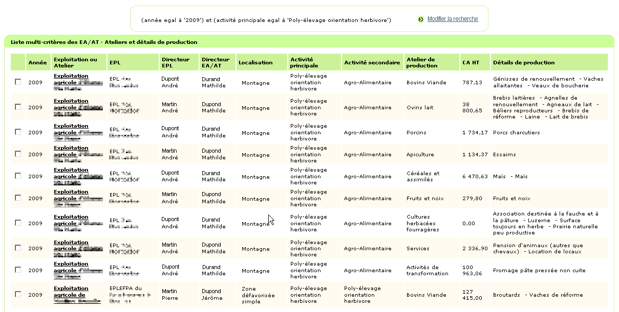 Ecran de résultat d'une recherche dans la liste EA/AT - Ateliers et détails de production