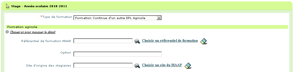 Ecran de saisie pour une formation différente d'une formation initiale