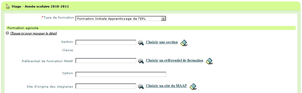 Ecran de saisie pour une formation initiale par apprentissage