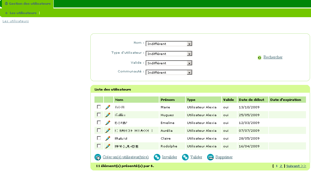 Liste des utilisateurs accédant à Alexia.