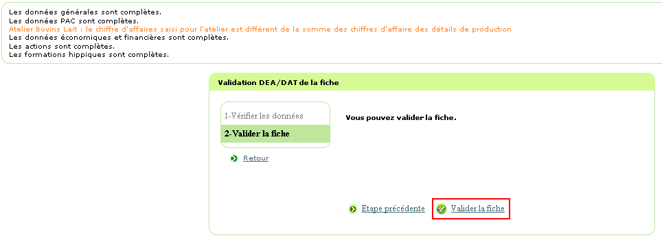 Exemple de validation d'une fiche complète