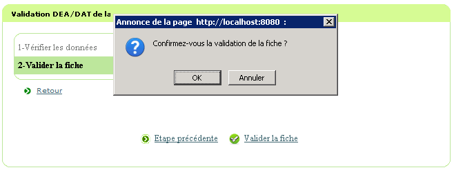 Message de confirmation de la validation de la fiche