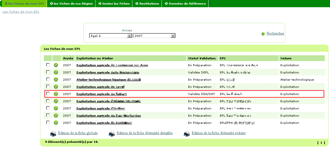 Liste des fiches d'une EPL