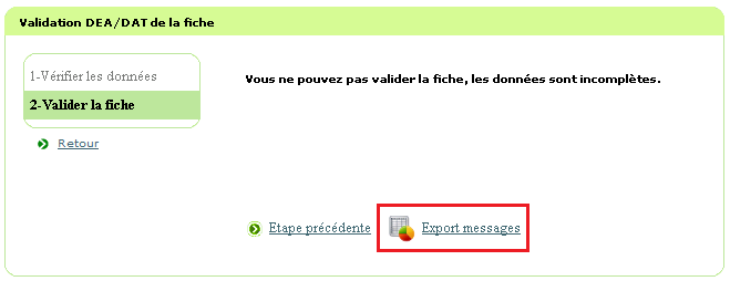 Bouton d'export des messages présentés lors de la validation finale