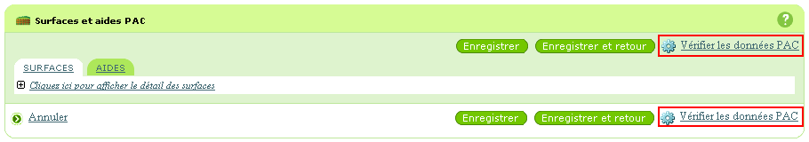 Bouton de vérification des surfaces et aides PAC